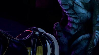 Watch Miranda Lawson from behind as she takes a blue light-emitting device in her butt while exploring the virtual world of SFM