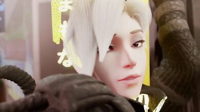 Pornstar Cyber Mercy is a woman with a heart of gold, as she takes on multiple men at once in her cyborg body