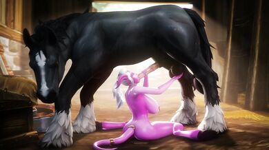 A hot Draenei female serves a stallion with a BJ in the forest, while noname55 watches and enjoys the scene
