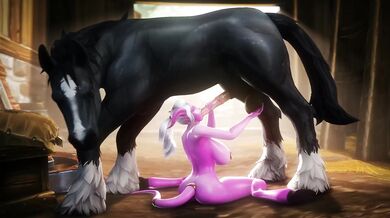 A hot Draenei female serves a stallion with a BJ in the forest, while noname55 watches and enjoys the scene