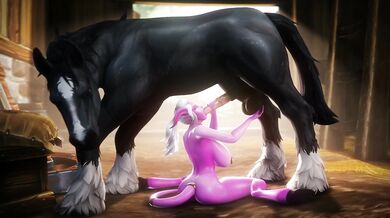 A hot Draenei female serves a stallion with a BJ in the forest, while noname55 watches and enjoys the scene