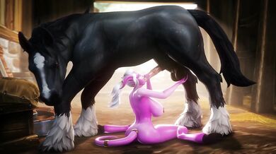 A hot Draenei female serves a stallion with a BJ in the forest, while noname55 watches and enjoys the scene