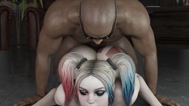 The hot and sexy Harley Quinn bending over for some kinky fun in her black latex outfit