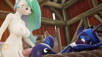 The innocent looking Celestia and Luna turn up the heat by engaging in doggy style with their furry friends