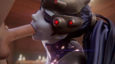 This is a Hentai video where Widowmaker from Overwatch is getting a blowjob in an SFW/HMV scene