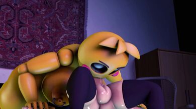 Bonnie, the Toy Chica from Five Nights at Freddys, takes a hard cock in her mouth and sucks it to climax