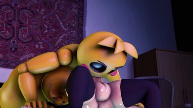 Bonnie, the Toy Chica from Five Nights at Freddys, takes a hard cock in her mouth and sucks it to climax