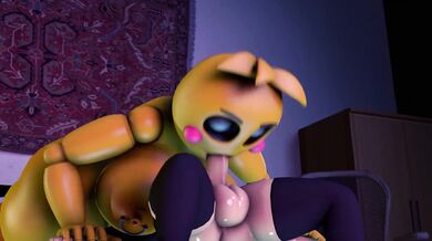 Bonnie, the Toy Chica from Five Nights at Freddys, takes a hard cock in her mouth and sucks it to climax