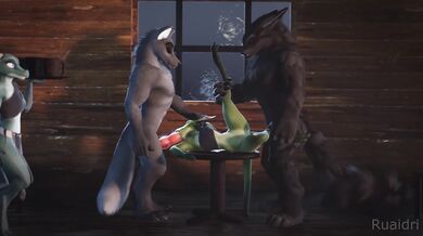 Watch as the fierce Kobold is roasted alive by two massive Wolves in this thrilling, action-packed porn scene!