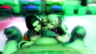 Overwatch characters DVa and Mercy engage in a steamy threesome with a massive dildo, resulting in an explosive climax!