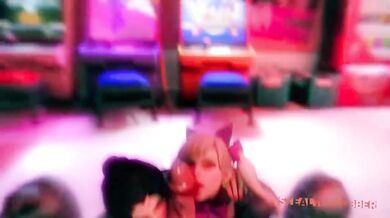 Overwatch characters DVa and Mercy engage in a steamy threesome with a massive dildo, resulting in an explosive climax!