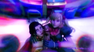 Overwatch characters DVa and Mercy engage in a steamy threesome with a massive dildo, resulting in an explosive climax!