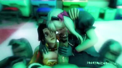Overwatch characters DVa and Mercy engage in a steamy threesome with a massive dildo, resulting in an explosive climax!