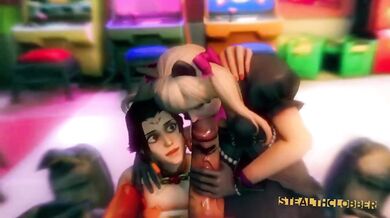 Overwatch characters DVa and Mercy engage in a steamy threesome with a massive dildo, resulting in an explosive climax!