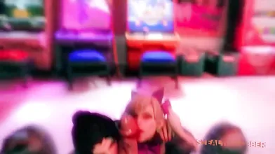 Overwatch characters DVa and Mercy engage in a steamy threesome with a massive dildo, resulting in an explosive climax!