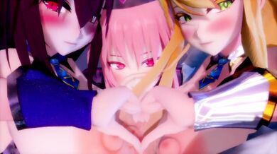 A Hentai Porn Video: Artoria, Nightingale & Scathachs Triple Paizuri