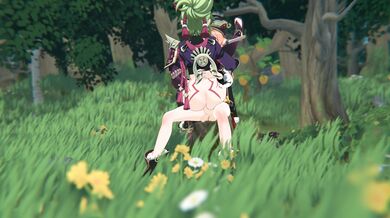 Kuki & Shinobu have sex with x while Yanfei watches and strokes his own cock in the background