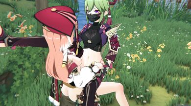 Kuki & Shinobu have sex with x while Yanfei watches and strokes his own cock in the background