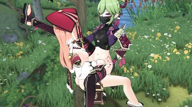 Kuki & Shinobu have sex with x while Yanfei watches and strokes his own cock in the background