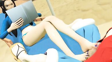 Pokemon anime-style Nico Robin delivers a sexy foot job to One Pieces Luffy