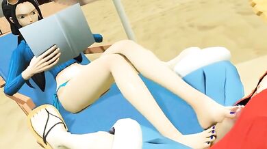 Pokemon anime-style Nico Robin delivers a sexy foot job to One Pieces Luffy