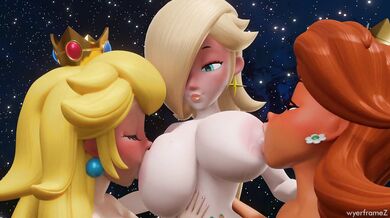 Watch Peach and Daisy suck Rosalinas boobs while playing with her toys