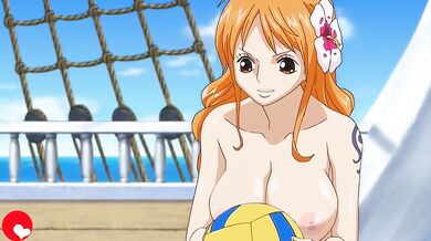 Big tits bouncing volleyball game with One Piece characters