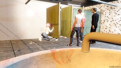 In the gutter, he finds solace from his misery as he indulges in public restroom sex