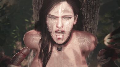 The introductory scene of a bukkake porn video featuring Yennefer and Nekker, two big-breasted women, is being shot