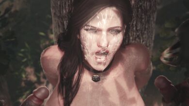 The introductory scene of a bukkake porn video featuring Yennefer and Nekker, two big-breasted women, is being shot