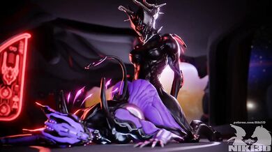 Two Valkyr warframe vixens in a bed, tail version