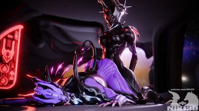 Two Valkyr warframe vixens in a bed, tail version