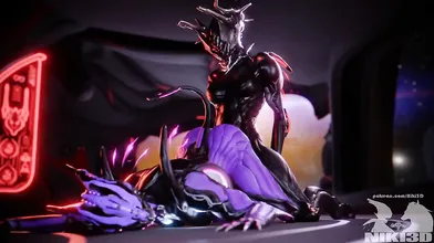 Two Valkyr warframe vixens in a bed, tail version