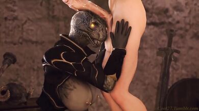 Watch as the Argonian woman takes the mans entire cock deep down her throat and brings him closer to a mind-blowing orgasm