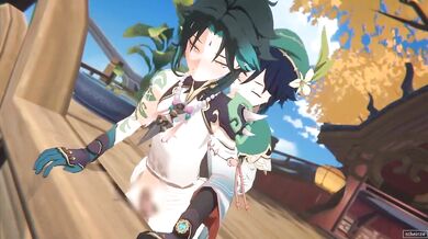 Watching the wind play with two voluptuous goddesses is a treat to the eyes in Aether, See, Venti and Xiao - The Windy Goddesses