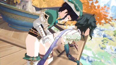 Watching the wind play with two voluptuous goddesses is a treat to the eyes in Aether, See, Venti and Xiao - The Windy Goddesses