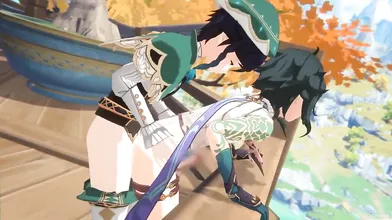 Watching the wind play with two voluptuous goddesses is a treat to the eyes in Aether, See, Venti and Xiao - The Windy Goddesses