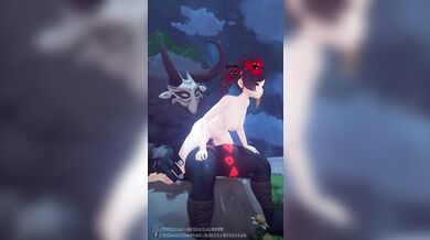 Chiori rides a mitachurs stiff pole in the middle of the woods, bouncing up and down with enthusiasm as she enjoys the rough ride