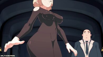 A hot and sexy blonde girl is relaxing on a sofa, eating salty ice cream while watching her favorite anime compilation