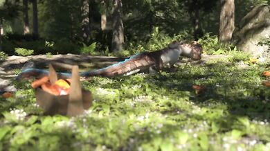 In the furry lizard forest, a rider mounts up on a Dzäta and sets out into the wild