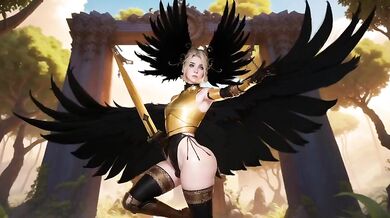 Warrioress with a heavy load or Ferocious female warrior with immense weapon or Gargantuan goddess of battle wielding colossal hammer