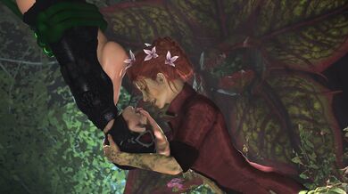 Watch as Poison Ivy and Catwoman engage in a passionate kiss while holding hands