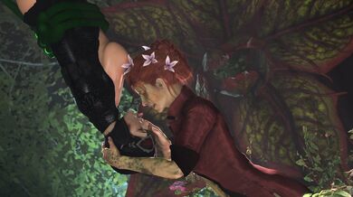 Watch as Poison Ivy and Catwoman engage in a passionate kiss while holding hands