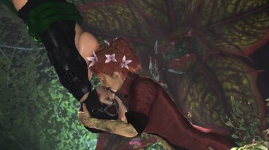 Watch as Poison Ivy and Catwoman engage in a passionate kiss while holding hands