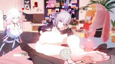 Young girl in high heels and short skirt with shiny black leather pantyhose gets fucked by three different dudes on a train ride through space