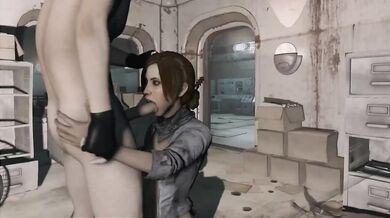 Liza Snow blows a hard dick with her tight, little mouth while getting fucked from behind by two huge cocks