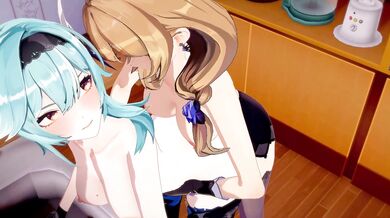 'Two Lesbians, Eula and Lisa have steamy sex with Futa in a futuristic world of Genshin Impact'