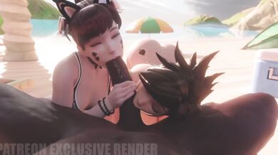 Dva and Tracer are double blowjobs on the beach, blacked out in [QoS]