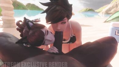 Dva and Tracer are double blowjobs on the beach, blacked out in [QoS]