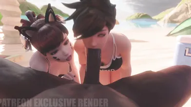 Dva and Tracer are double blowjobs on the beach, blacked out in [QoS]